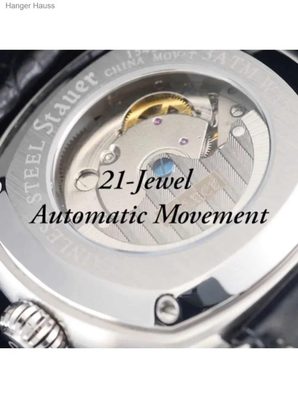 Men's Automatic Watch with Leather Band Stainless Steel Case 21-Jewel Movement
